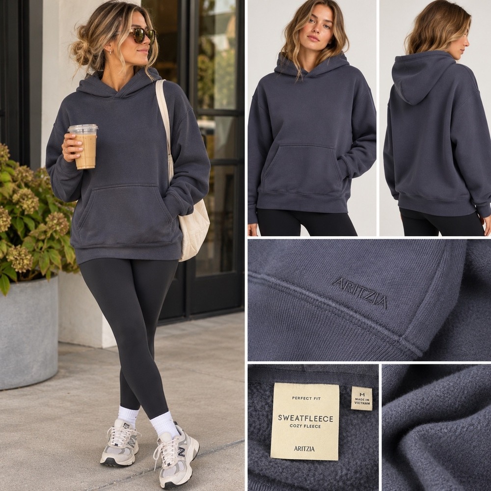Aritzia Sweatfleece Cozy Fleece Perfect Fit Hoodie M Slate Blue Minimalist